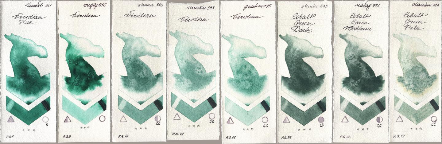 Holbein Artists Watercolor 061 Virdian Hue, Royal Talens Van Gogh Watercolour 616 Viridian, Shminke Horadam Aquarell 513 Viridian, Maimeri Blu 348 Viridian, M. Graham & Co. Artists 195 Viridian, 533 Cobalt Green Dark, Rosa Gallery 776 Cobalt Green Medium, Daniel Smith 027 Cobalt Green Pa watercolor swatch
