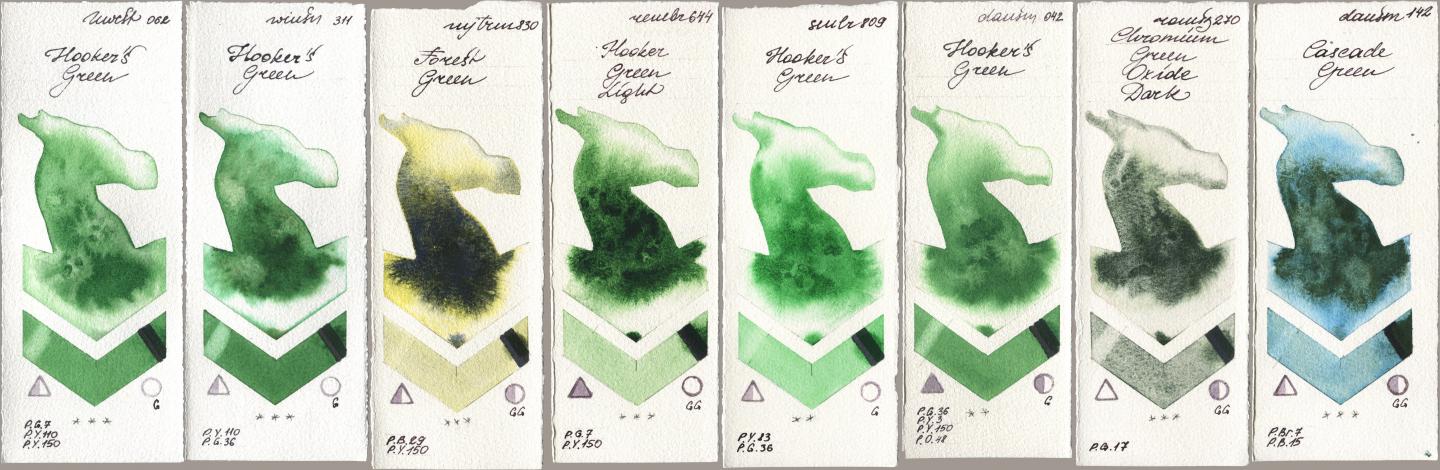 Holbein Artists Watercolor 062 Hookers Green, Winsor & Newton Professional 311 Hookers Green, Mijello Mission Gold 830 Forest Green, Royal Talens Rembrandt Watercolour 644 Hooker Green Light, Sennelier l Aquarelle 809 Hookers Green, Daniel Smith 042 Hookers Green, Roman Szmal Aquarius 270 Chromium Green Oxide Dark, 142 Cascade Gre watercolor swatch