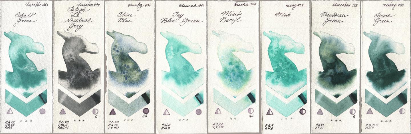 Holbein Artists Watercolor 063 Cobalt Green, Daniel Smith 244 Joseph Zs Neutral Grey, Shminke Horadam Aquarell 934 Shire Blue, Shminke Akademie Aquarell 914 Icy Blue-Green, Kusakabe 007 Mint Beryl, Rosa Gallery 754 Mint, 128 Prussian Green, 767 Azure Gre watercolor swatch