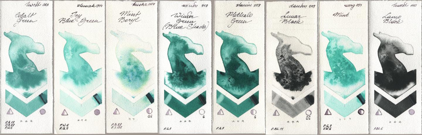 Holbein Artists Watercolor 063 Cobalt Green, Shminke Akademie Aquarell 914 Icy Blue-Green, Kusakabe 007 Mint Beryl, Winsor & Newton Professional 719 Winsor Green (Blue Shade), Shminke Horadam Aquarell 519 Phthalo Green, Daniel Smith 049 Lunar Black, Rosa Gallery 754 Mint, 140 Lamp Bla watercolor swatch