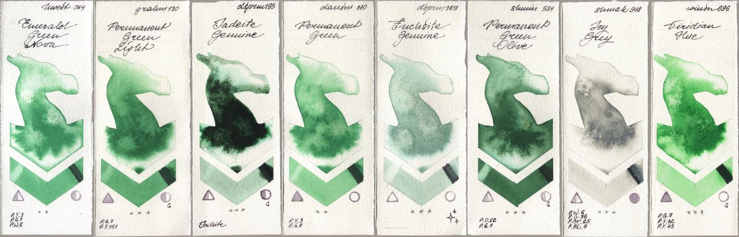 Holbein Artists Watercolor 064 Emerald Green Nova, M. Graham & Co. Artists 130 Permanent Green Light, Daniel Smith 195 Jadeite Genuine, 070 Permanent Green, 169 Fuchsite Genuine, Shminke Horadam Aquarell 534 Permanent Green Olive, Shminke Akademie Aquarell 918 Icy Grey, Winsor & Newton Professional 696 Viridian H watercolor swatch