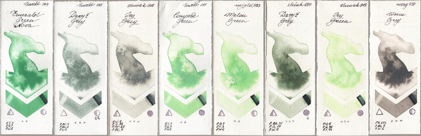 Holbein Artists Watercolor 064 Emerald Green Nova, 155 Davys Grey, Shminke Akademie Aquarell 918 Icy Grey, 071 Compose Green, Mijello Mission Gold 593 Melon Green, Shinhan PWC 690 Davys Grey, 915 Icy Green, Rosa Gallery 759 Warm Gr watercolor swatch
