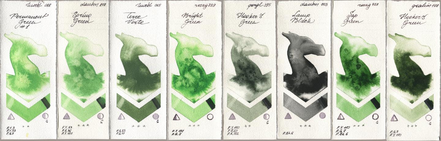 Holbein Artists Watercolor 066 Permanent Green No 1, Daniel Smith 208 Spring Green, 065 Terre Verte, Rosa Gallery 739 Bright Green, Golden QOR 395 Hookers Green, 003 Lamp Black, 728 Sap Green, M. Graham & Co. Artists 108 Hookers Gre watercolor swatch