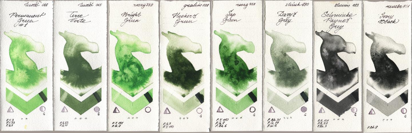 Holbein Artists Watercolor 066 Permanent Green No 1, 065 Terre Verte, Rosa Gallery 739 Bright Green, M. Graham & Co. Artists 108 Hookers Green, 728 Sap Green, Shinhan PWC 690 Davys Grey, Shminke Horadam Aquarell 783 Schmincke Paynes Grey, Royal Talens Rembrandt Watercolour 701 Ivory Bla watercolor swatch