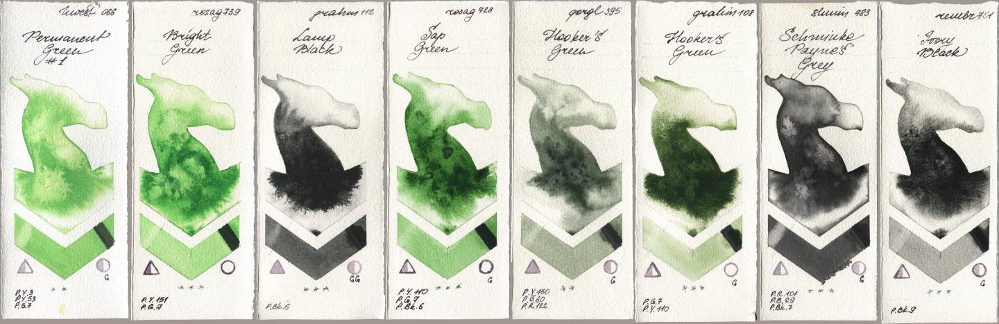 Holbein Artists Watercolor 066 Permanent Green No 1, Rosa Gallery 739 Bright Green, M. Graham & Co. Artists 112 Lamp Black, 728 Sap Green, Golden QOR 395 Hookers Green, 108 Hookers Green, Shminke Horadam Aquarell 783 Schmincke Paynes Grey, Royal Talens Rembrandt Watercolour 701 Ivory Bla watercolor swatch