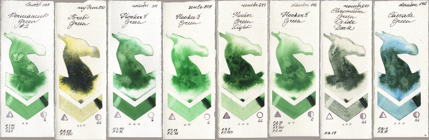 Holbein Artists Watercolor 067 Permanent Green No 2, Mijello Mission Gold 830 Forest Green, Winsor & Newton Professional 311 Hookers Green, Sennelier l Aquarelle 809 Hookers Green, Royal Talens Rembrandt Watercolour 644 Hooker Green Light, Daniel Smith 042 Hookers Green, Roman Szmal Aquarius 270 Chromium Green Oxide Dark, 142 Cascade Gre watercolor swatch