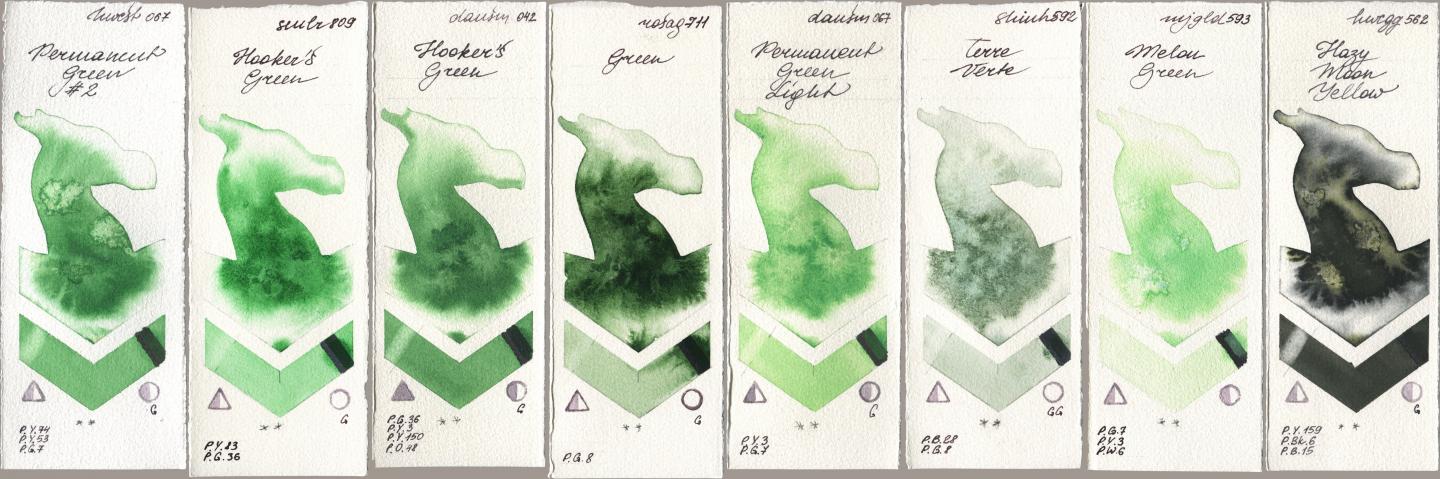 Holbein Artists Watercolor 067 Permanent Green No 2, Sennelier l Aquarelle 809 Hookers Green, Daniel Smith 042 Hookers Green, Rosa Gallery 711 Green, 067 Permanent Green Light, Shinhan PWC 592 Terre Verte, Mijello Mission Gold 593 Melon Green, 562 Hazy Moon Yell watercolor swatch
