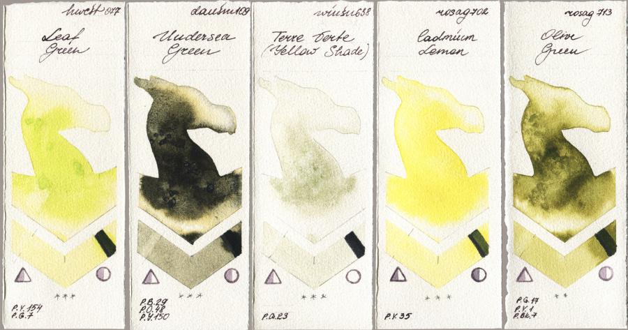 Holbein Artists Watercolor 077 Leaf Green vs Daniel Smith 109 Undersea Green vs Winsor & Newton Professional 638 Terre Verte (Yellow Shade) vs Rosa Gallery 702 Cadmium Lemon vs 713 Olive Green watercolor swatch
