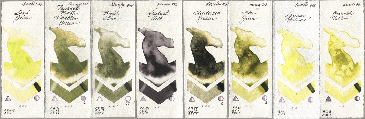 Holbein Artists Watercolor 077 Leaf Green, 521 Japanese Bush Warbler Green, Shminke Horadam Aquarell 941 Forest Olive, 782 Neutral Tint, Daniel Smith 109 Undersea Green, Rosa Gallery 713 Olive Green, 033 Lemon Yellow, Kuretake Gansai Tambi 048 Greenish Yell watercolor swatch