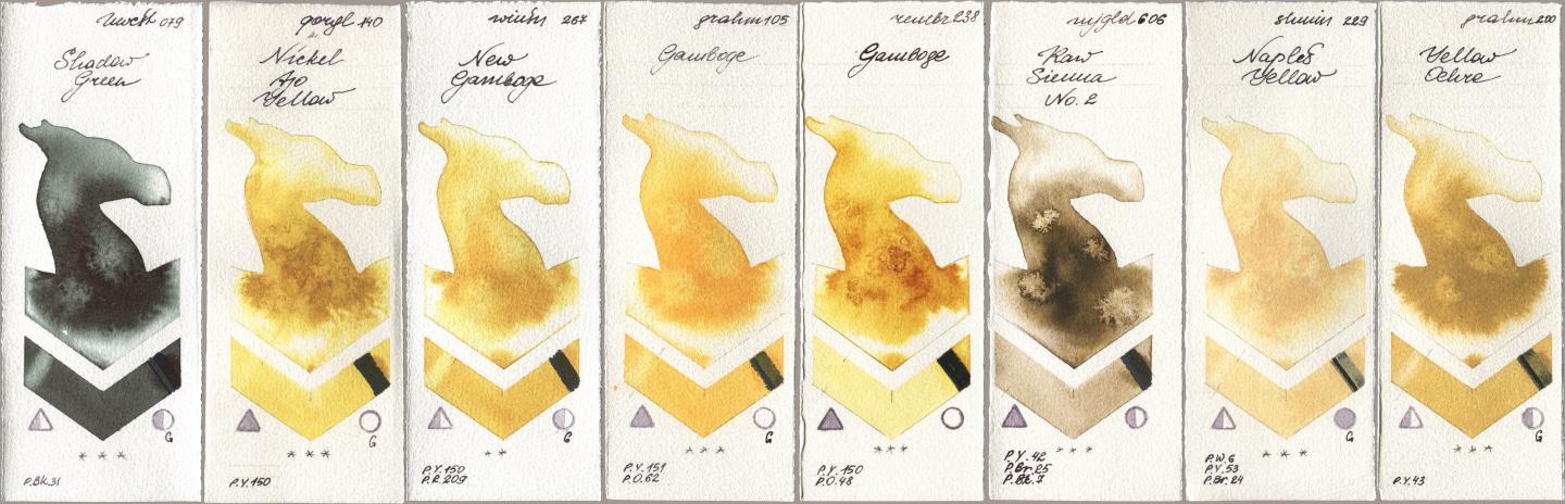 Holbein Artists Watercolor 079 Shadow Green, Golden QOR 140 Nickel Azo Yellow, Winsor & Newton Professional 267 New Gamboge, M. Graham & Co. Artists 105 Gamboge, Royal Talens Rembrandt Watercolour 238 Gamboge, Mijello Mission Gold 606 Raw Sienna No 2, Shminke Horadam Aquarell 229 Naples Yellow, 200 Yellow Och watercolor swatch