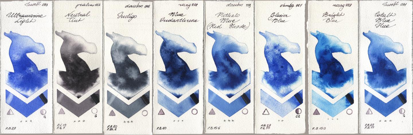 Holbein Artists Watercolor 093 Ultramarine Light, M. Graham & Co. Artists 122 Neutral Tint, Daniel Smith 046 Indigo, Rosa Gallery 738 Blue Indanthrene, 119 Phthalo Blue (Red Shade), Shminke Horadam Aquarell 961 Glacier Blue, 729 Bright Blue, 091 Cobalt Blue H watercolor swatch