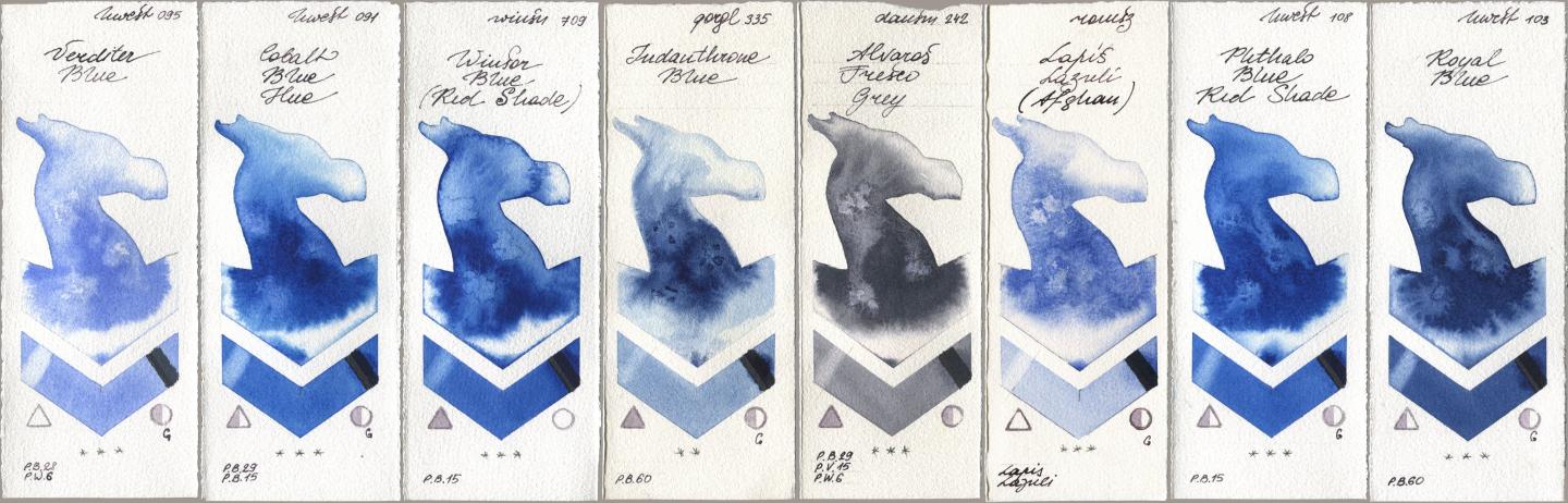 Holbein Artists Watercolor 095 Verditer Blue, 091 Cobalt Blue Hue, Winsor & Newton Professional 709 Winsor Blue (Red Shade), Golden QOR 335 Indanthrone Blue, Daniel Smith 242 Alvaros Fresco Grey, Roman Szmal Aquarius 999 Lapis Lazuli Afghan, 108 Phthalo Blue Red Shade, 103 Royal Bl watercolor swatch