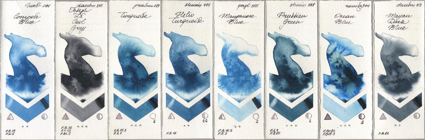 Holbein Artists Watercolor 096 Compose Blue, Daniel Smith 245 Joseph Zs Cool Grey, M. Graham & Co. Artists 189 Turquoise, Shminke Horadam Aquarell 475 Helio Turquoise, Golden QOR 355 Manganese Blue, 528 Prussian Green, Roman Szmal Aquarius 344 Ocean Blue, 213 Mayan Dark Bl watercolor swatch
