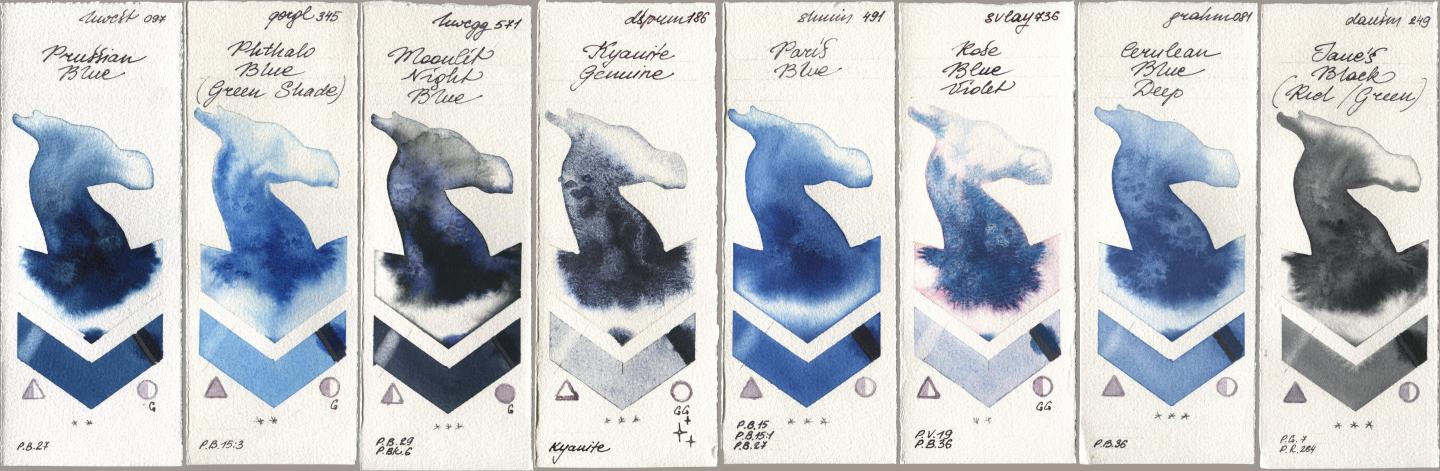 Holbein Artists Watercolor 097 Prussian Blue, Golden QOR 345 Phthalo Blue (Green Shade), 571 Moonlit Night Blue, Daniel Smith 186 Kyanite Genuine, Shminke Horadam Aquarell 491 Paris Blue, SuperVision 736 Rose Blue Violet, M. Graham & Co. Artists 081 Cerulean Blue Deep, 249 Janes Black (Red/Gree watercolor swatch