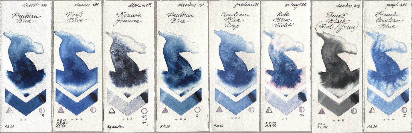 Holbein Artists Watercolor 097 Prussian Blue, Shminke Horadam Aquarell 491 Paris Blue, Daniel Smith 186 Kyanite Genuine, 082 Prussian Blue, M. Graham & Co. Artists 081 Cerulean Blue Deep, SuperVision 736 Rose Blue Violet, 249 Janes Black (Red/Green), Golden QOR 350 French Cerulean Bl watercolor swatch