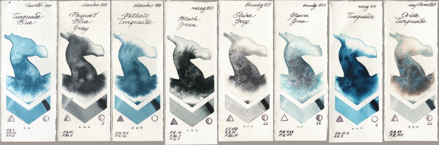 Holbein Artists Watercolor 099 Turquoise Blue, Daniel Smith 235 Paynes Blue Gray, 080 Phthalo Turquoise, Rosa Gallery 760 Black Green, Shminke Horadam Aquarell 935 Shire Grey, 963 Glacier Green, 714 Turquoise, Mijello Mission Gold 827 Oxide Turquoi watercolor swatch