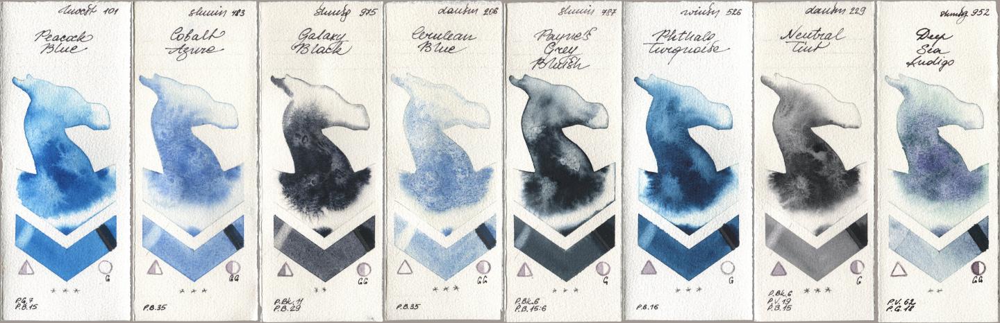 Holbein Artists Watercolor 101 Peacock Blue, Shminke Horadam Aquarell 483 Cobalt Azure, 975 Galaxy Black, Daniel Smith 206 Cerulean Blue, 787 Paynes Grey Bluish, Winsor & Newton Professional 526 Phthalo Turquoise, 229 Neutral Tint, 952 Deep Sea Indi watercolor swatch