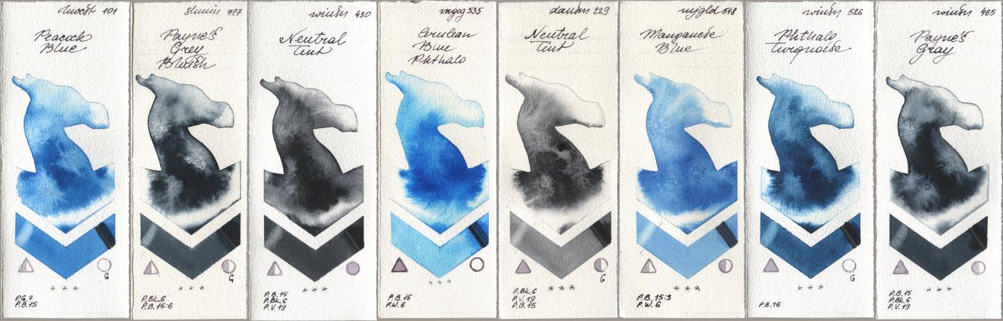 Holbein Artists Watercolor 101 Peacock Blue, Shminke Horadam Aquarell 787 Paynes Grey Bluish, Winsor & Newton Professional 430 Neutral Tint, Royal Talens Van Gogh Watercolour 535 Cerulean Blue Phthalo, Daniel Smith 229 Neutral Tint, Mijello Mission Gold 548 Manganese Blue, 526 Phthalo Turquoise, 465 Paynes Gr watercolor swatch