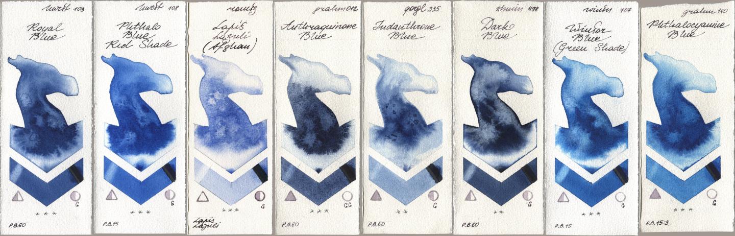 Holbein Artists Watercolor 103 Royal Blue, 108 Phthalo Blue Red Shade, Roman Szmal Aquarius 999 Lapis Lazuli Afghan, M. Graham & Co. Artists 012 Anthraquinone Blue, Golden QOR 335 Indanthrone Blue, Shminke Horadam Aquarell 498 Dark Blue, Winsor & Newton Professional 707 Winsor Blue (Green Shade), 140 Phthalocyanine Bl watercolor swatch