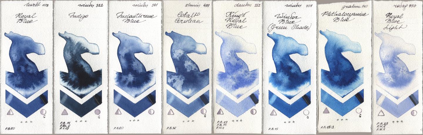 Holbein Artists Watercolor 103 Royal Blue, Winsor & Newton Professional 322 Indigo, 321 Indanthrene Blue, Shminke Horadam Aquarell 499 Cobalt Cerulean, Daniel Smith 252 King’s Royal Blue, 707 Winsor Blue (Green Shade), M. Graham & Co. Artists 140 Phthalocyanine Blue, Rosa Gallery 750 Royal Blue Lig watercolor swatch