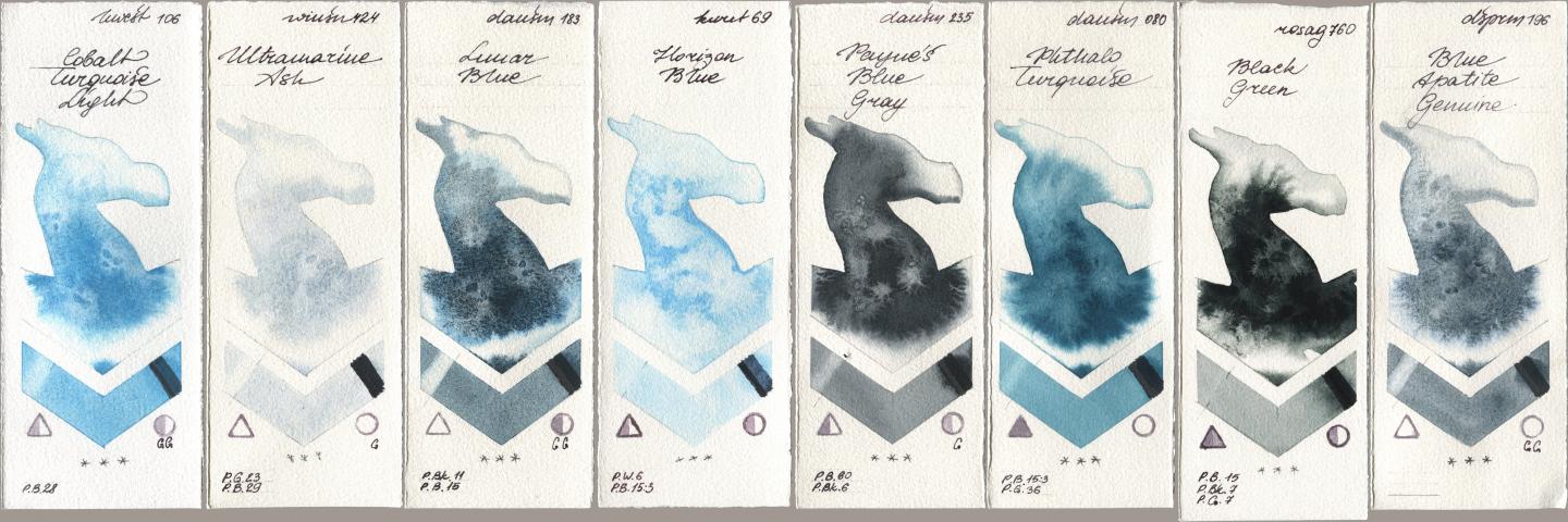 Holbein Artists Watercolor 106 Cobalt Turquoise Light, Winsor & Newton Professional 424 Ultramarine Ash, Daniel Smith 183 Lunar Blue, Kuretake Gansai Tambi 069 Horizon Blue, 235 Paynes Blue Gray, 080 Phthalo Turquoise, Rosa Gallery 760 Black Green, 196 Blue Apatite Genui watercolor swatch