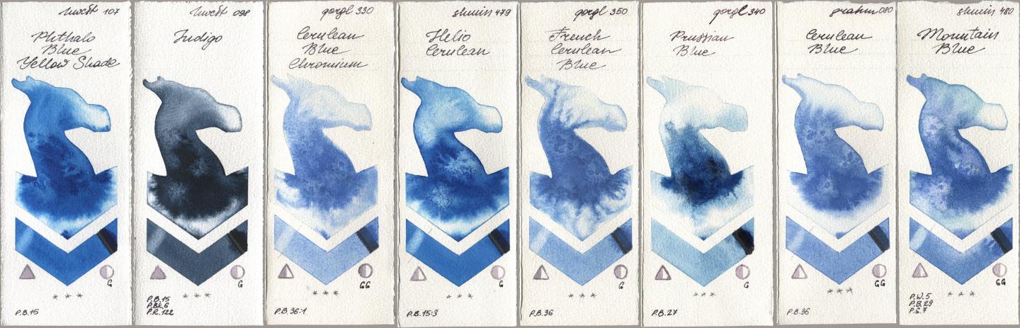 Holbein Artists Watercolor 107 Phthalo Blue Yellow Shade, 098 Indigo, Golden QOR 330 Cerulean Blue, Chromium, Shminke Horadam Aquarell 479 Helio Cerulean, 350 French Cerulean Blue, 340 Prussian Blue, M. Graham & Co. Artists 080 Cerulean Blue, 480 Mountain Bl watercolor swatch