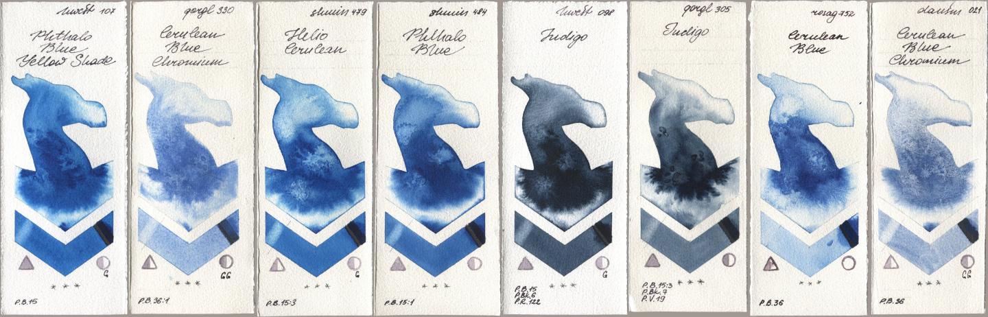 Holbein Artists Watercolor 107 Phthalo Blue Yellow Shade, Golden QOR 330 Cerulean Blue, Chromium, Shminke Horadam Aquarell 479 Helio Cerulean, 484 Phthalo Blue, 098 Indigo, 305 Indigo, Rosa Gallery 752 Cerulean Blue, Daniel Smith 021 Cerulean Blue Chromi watercolor swatch