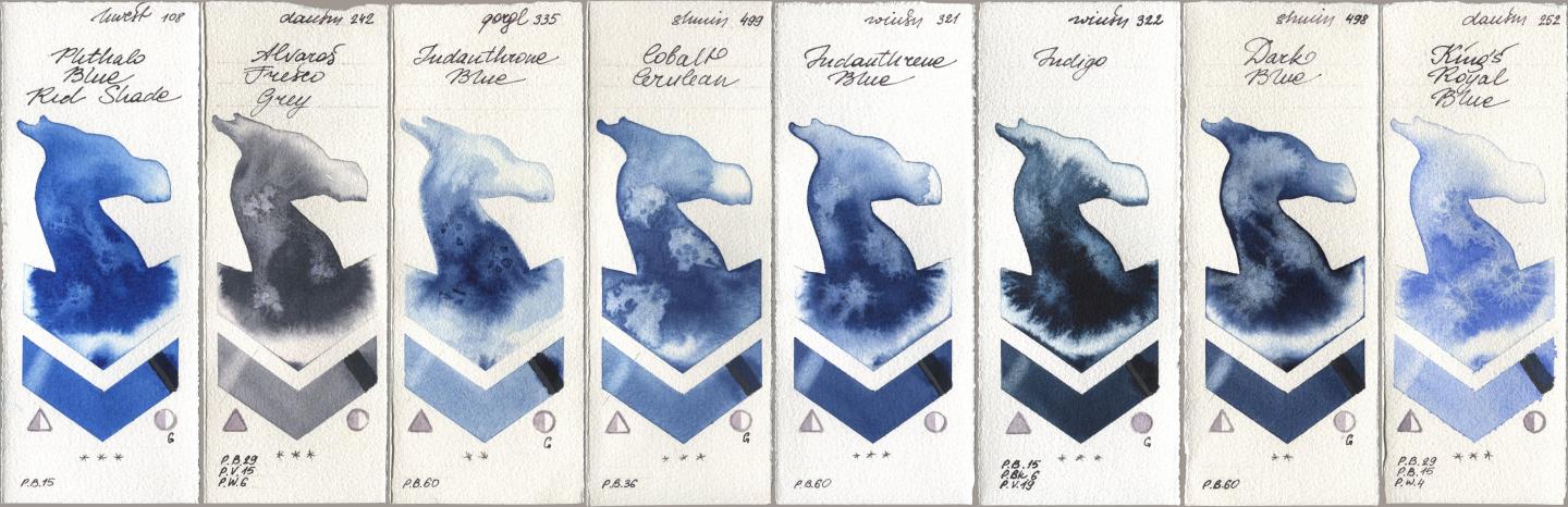Holbein Artists Watercolor 108 Phthalo Blue Red Shade, Daniel Smith 242 Alvaros Fresco Grey, Golden QOR 335 Indanthrone Blue, Shminke Horadam Aquarell 499 Cobalt Cerulean, Winsor & Newton Professional 321 Indanthrene Blue, 322 Indigo, 498 Dark Blue, 252 King’s Royal Bl watercolor swatch