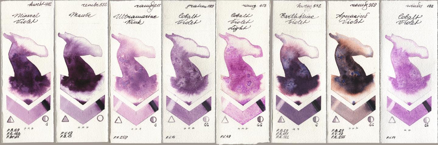 Holbein Artists Watercolor 112 Mineral Violet, Royal Talens Rembrandt Watercolour 532 Mauve, Roman Szmal Aquarius 215 Ultramarine Pink, M. Graham & Co. Artists 099 Cobalt Violet, 403 Cobalt Violet Light, 542 Earthshine Violet, 369 Aquarius Violet, Winsor & Newton Professional 192 Cobalt Viol watercolor swatch