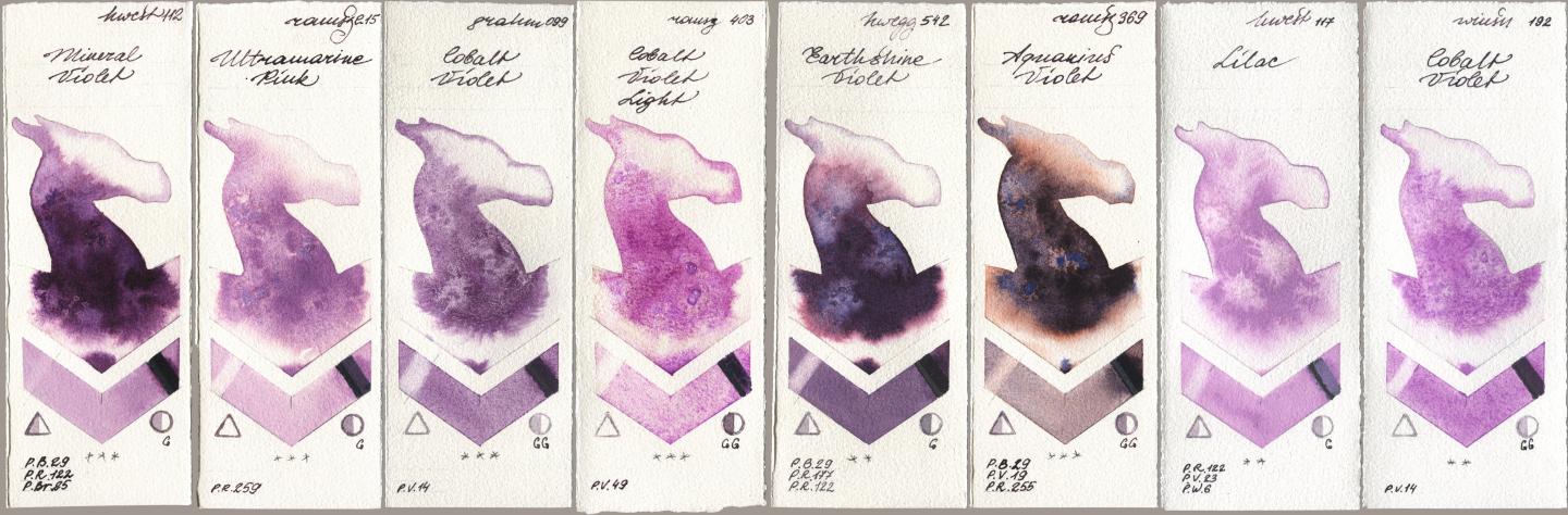 Holbein Artists Watercolor 112 Mineral Violet, Roman Szmal Aquarius 215 Ultramarine Pink, M. Graham & Co. Artists 099 Cobalt Violet, 403 Cobalt Violet Light, 542 Earthshine Violet, 369 Aquarius Violet, 117 Lilac, Winsor & Newton Professional 192 Cobalt Viol watercolor swatch