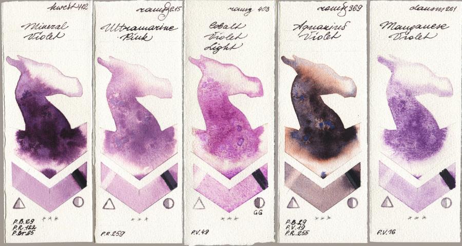 Holbein Artists Watercolor 112 Mineral Violet vs Roman Szmal Aquarius 215 Ultramarine Pink vs 403 Cobalt Violet Light vs 369 Aquarius Violet vs Daniel Smith 261 Manganese Violet watercolor swatch