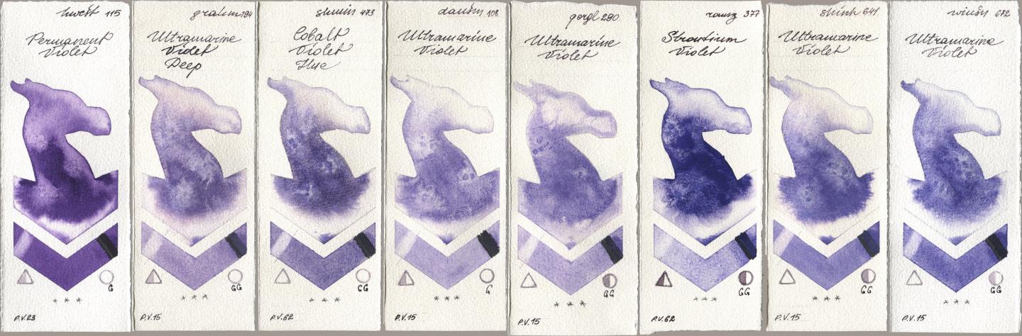 Holbein Artists Watercolor 115 Permanent Violet, M. Graham & Co. Artists 194 Ultramarine Violet Deep, Shminke Horadam Aquarell 473 Cobalt Violet Hue, Daniel Smith 108 Ultramarine Violet, Golden QOR 290 Ultramarine Violet, Roman Szmal Aquarius 377 Strontium Violet, Shinhan PWC 641 Ultramarine Violet, Winsor & Newton Professional 672 Ultramarine Viol watercolor swatch