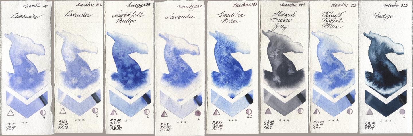 Holbein Artists Watercolor 116 Lavender, Daniel Smith 232 Lavender, 533 Nightfall Indigo, Roman Szmal Aquarius 227 Lavenda, 173 Verditer Blue, 242 Alvaros Fresco Grey, 252 King’s Royal Blue, Winsor & Newton Professional 322 Indi watercolor swatch
