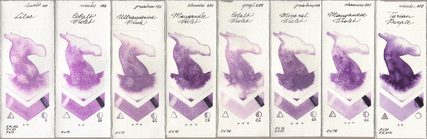 Holbein Artists Watercolor 117 Lilac, Winsor & Newton Professional 192 Cobalt Violet, M. Graham & Co. Artists 192 Ultramarine Pink, Shminke Horadam Aquarell 474 Manganese Violet, Golden QOR 285 Cobalt Violet, 116 Mineral Violet, Daniel Smith 261 Manganese Violet, 419 Tyrian Purp watercolor swatch