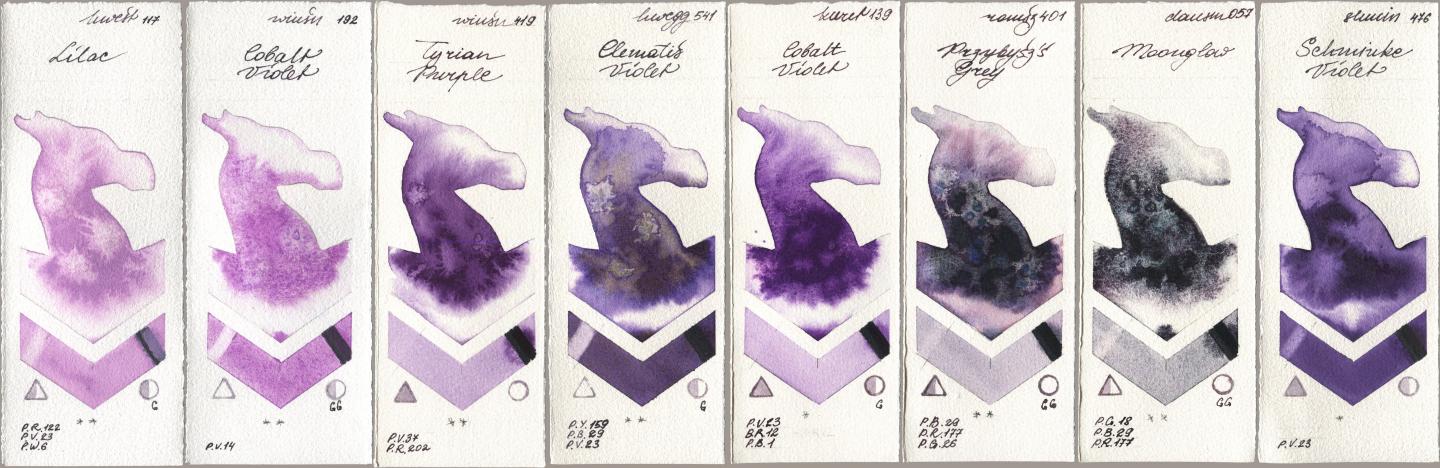 Holbein Artists Watercolor 117 Lilac, Winsor & Newton Professional 192 Cobalt Violet, 419 Tyrian Purple, 541 Clematis Violet, Kuretake Gansai Tambi 139 Cobalt Violet, Roman Szmal Aquarius 401 Przybyszs Grey, Daniel Smith 057 Moonglow, Shminke Horadam Aquarell 476 Schmincke Viol watercolor swatch