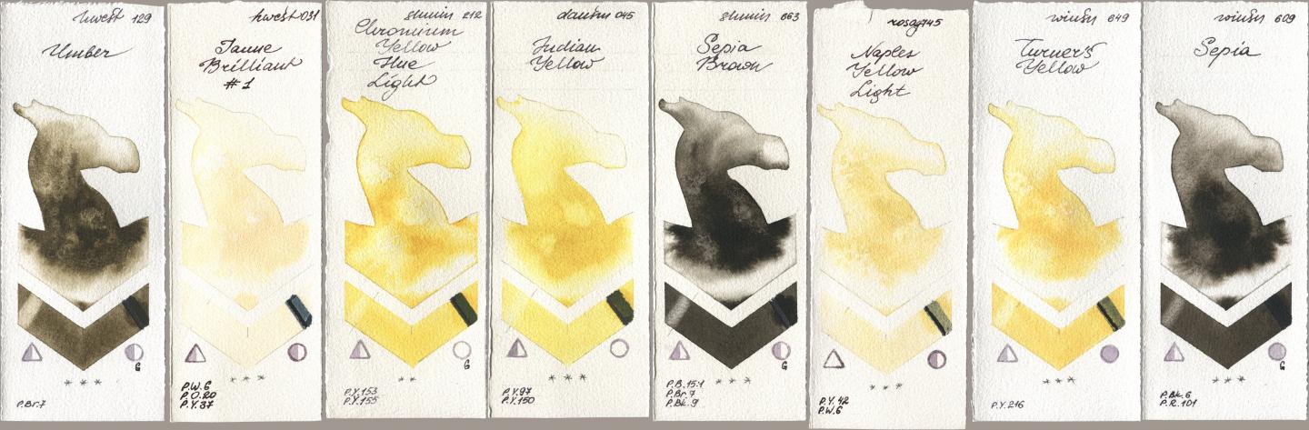 Holbein Artists Watercolor 129 Umber, 031 Jaune Brilliant No 1, Shminke Horadam Aquarell 212 Chromium Yellow Hue Light, Daniel Smith 045 Indian Yellow, 663 Sepia Brown, Rosa Gallery 745 Naples Yellow Light, Winsor & Newton Professional 649 Turners Yellow, 609 Sep watercolor swatch
