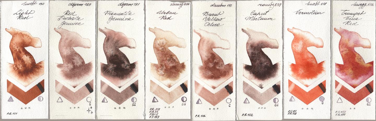 Holbein Artists Watercolor 130 Light Red, Daniel Smith 189 Red Fuchsite Genuine, 191 Piemontite Genuine, Shminke Horadam Aquarell 926 Urban Red, 170 Burnt Yellow Ochre, Roman Szmal Aquarius 239 Caput Mortuum, 018 Vermilion, 502 Trumpet Vine R watercolor swatch