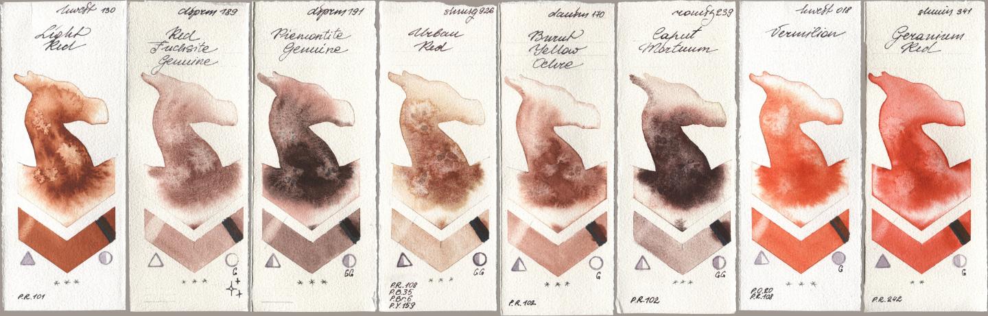Holbein Artists Watercolor 130 Light Red, Daniel Smith 189 Red Fuchsite Genuine, 191 Piemontite Genuine, Shminke Horadam Aquarell 926 Urban Red, 170 Burnt Yellow Ochre, Roman Szmal Aquarius 239 Caput Mortuum, 018 Vermilion, 341 Geranium R watercolor swatch