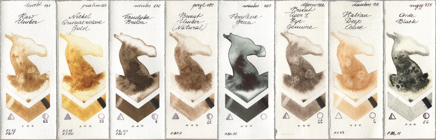 Holbein Artists Watercolor 131 Raw Umber, M. Graham & Co. Artists 124 Nickel Quinacridone Gold, Winsor & Newton Professional 676 Vandyke Brown, Golden QOR 480 Burnt Umber (Natural), 460 Perylene Green, Daniel Smith 162 Burnt Tigers Eye Genuine, 135 Italian Deep Ochre, Royal Talens Van Gogh Watercolour 735 Oxide Bla watercolor swatch