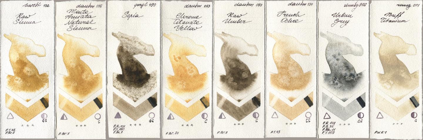 Holbein Artists Watercolor 132 Raw Sienna, Daniel Smith 056 Monte Amiata Natural Sienna, Golden QOR 490 Sepia, 253 Chrome Titanate Yellow, 097 Raw Umber, 134 French Ochre, Shminke Horadam Aquarell 956 Urban Grey, Roman Szmal Aquarius 201 Buff Titani watercolor swatch