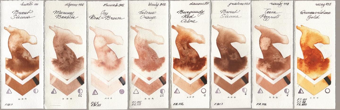 Holbein Artists Watercolor 134 Burnt Sienna, Daniel Smith 166 Mummy Bauxite, Shminke Akademie Aquarell 916 Icy Red-Brown, Shminke Horadam Aquarell 912 Volcano Orange, 151 Burgundy Red Ochre, M. Graham & Co. Artists 020 Burnt Sienna, Roman Szmal Aquarius 119 Terra Pozzuoli, Rosa Gallery 735 Quinacridone Go watercolor swatch