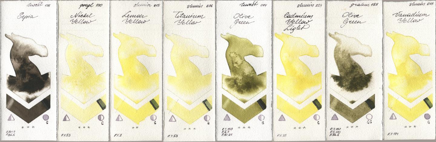 Holbein Artists Watercolor 136 Sepia, Golden QOR 100 Nickel Yellow, Shminke Horadam Aquarell 215 Lemon Yellow, 206 Titanium Yellow, 074 Olive Green, 224 Cadmium Yellow Light, M. Graham & Co. Artists 125 Olive Green, 207 Vanadium Yell watercolor swatch