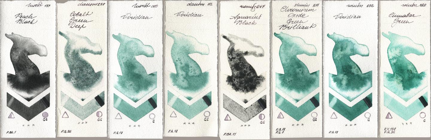 Holbein Artists Watercolor 137 Peach Black, Daniel Smith 258 Cobalt Green Deep, 060 Viridian, 112 Viridian, Roman Szmal Aquarius 247 Aquarius Black, Shminke Horadam Aquarell 511 Chromium Oxide Green Brilliant, Winsor & Newton Professional 692 Viridian, 420 Cinnabar Gre watercolor swatch