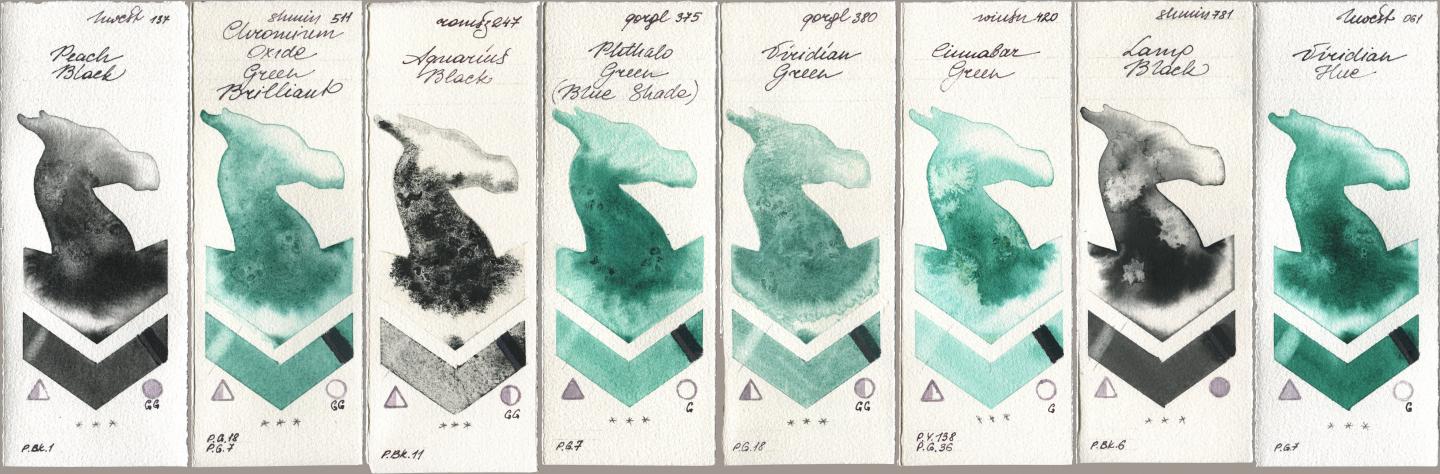 Holbein Artists Watercolor 137 Peach Black, Shminke Horadam Aquarell 511 Chromium Oxide Green Brilliant, Roman Szmal Aquarius 247 Aquarius Black, Golden QOR 375 Phthalo Green (Blue Shade), 380 Viridian Green, Winsor & Newton Professional 420 Cinnabar Green, 781 Lamp Black, 061 Virdian H watercolor swatch