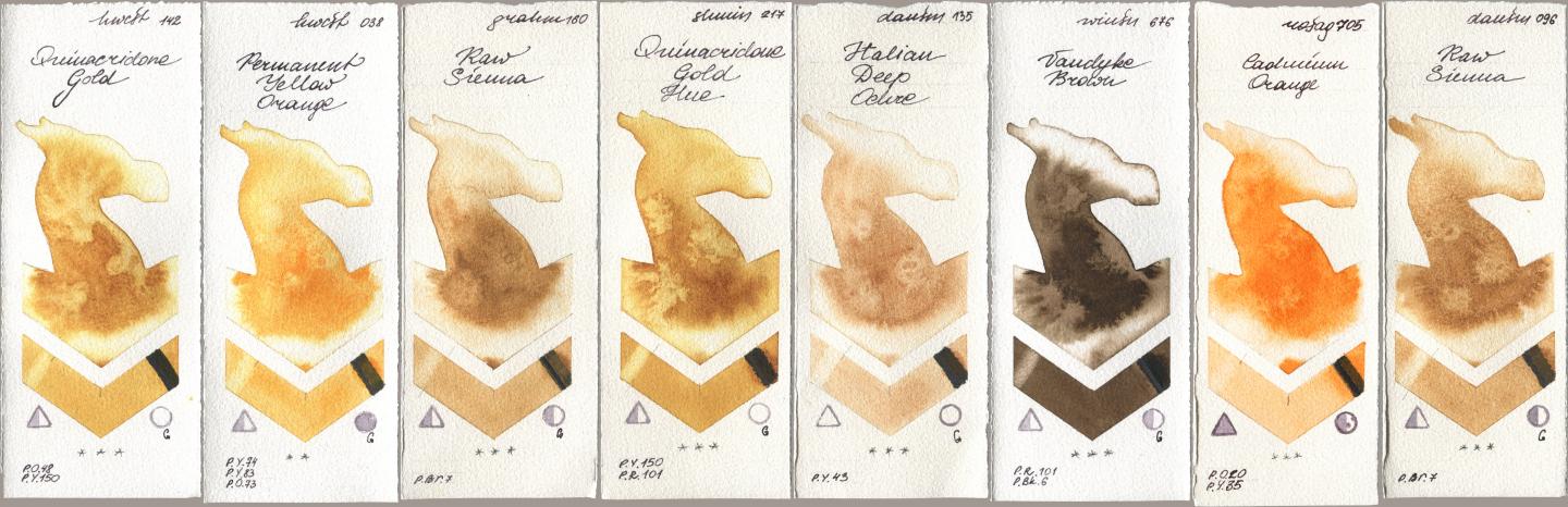 Holbein Artists Watercolor 142 Quinacridone Gold, 038 Permanent Yellow Orange, M. Graham & Co. Artists 160 Raw Sienna, Shminke Horadam Aquarell 217 Quinacridone Gold Hue, Daniel Smith 135 Italian Deep Ochre, Winsor & Newton Professional 676 Vandyke Brown, Rosa Gallery 705 Cadmium Orange, 096 Raw Sien watercolor swatch