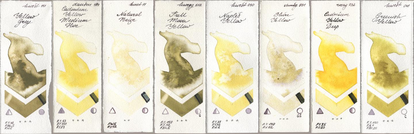 Holbein Artists Watercolor 151 Yellow Grey, Daniel Smith 184 Cadmium Yellow Medium Hue, Kuretake Gansai Tambi 011 Natural Beige, 512 Full Moon Yellow, 030 Naples Yellow, Shminke Horadam Aquarell 931 Shire Yellow, Rosa Gallery 732 Cadmium Yellow Deep, 046 Greenish Yell watercolor swatch
