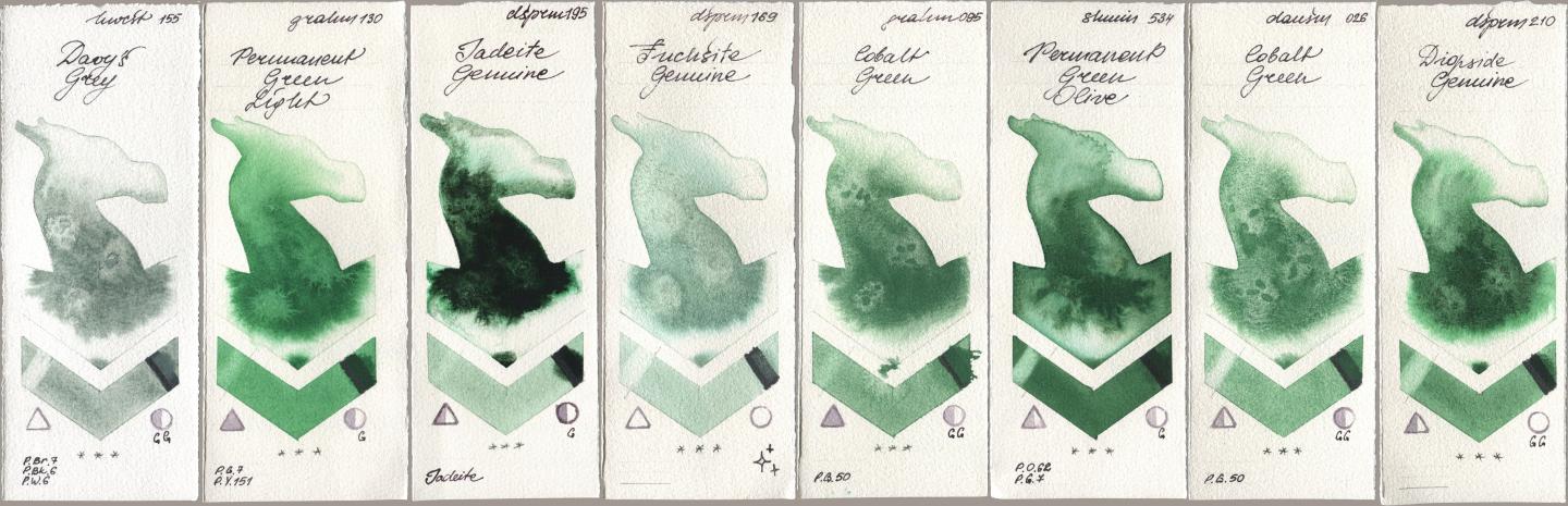 Holbein Artists Watercolor 155 Davys Grey, M. Graham & Co. Artists 130 Permanent Green Light, Daniel Smith 195 Jadeite Genuine, 169 Fuchsite Genuine, 095 Cobalt Green, Shminke Horadam Aquarell 534 Permanent Green Olive, 026 Cobalt Green, 210 Diopside Genui watercolor swatch