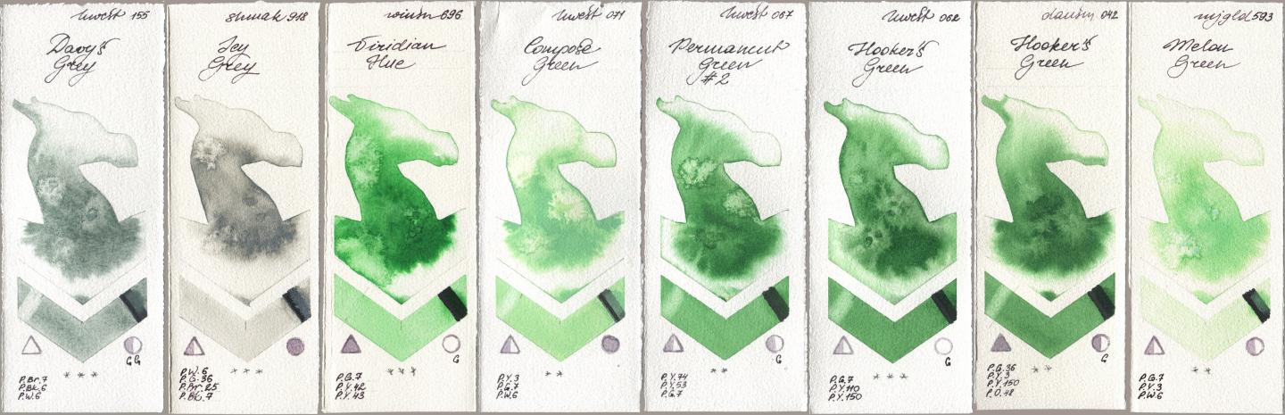 Holbein Artists Watercolor 155 Davys Grey, Shminke Akademie Aquarell 918 Icy Grey, Winsor & Newton Professional 696 Viridian Hue, 071 Compose Green, 067 Permanent Green No 2, 062 Hookers Green, Daniel Smith 042 Hookers Green, Mijello Mission Gold 593 Melon Gre watercolor swatch