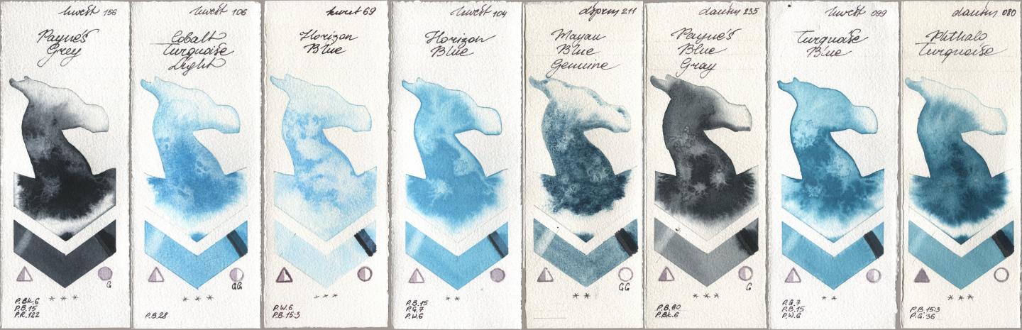 Holbein Artists Watercolor 156 Paynes Grey, 106 Cobalt Turquoise Light, Kuretake Gansai Tambi 069 Horizon Blue, 104 Horizon Blue, Daniel Smith 211 Mayan Blue Genuine, 235 Paynes Blue Gray, 099 Turquoise Blue, 080 Phthalo Turquoi watercolor swatch