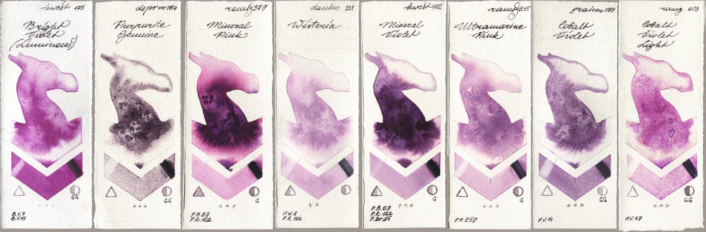 Holbein Artists Watercolor 175 Bright Violet (Luminous), Daniel Smith 164 Purpurite Genuine, Roman Szmal Aquarius 379 Mineral Pink, 231 Wisteria, 112 Mineral Violet, 215 Ultramarine Pink, M. Graham & Co. Artists 099 Cobalt Violet, 403 Cobalt Violet Lig watercolor swatch